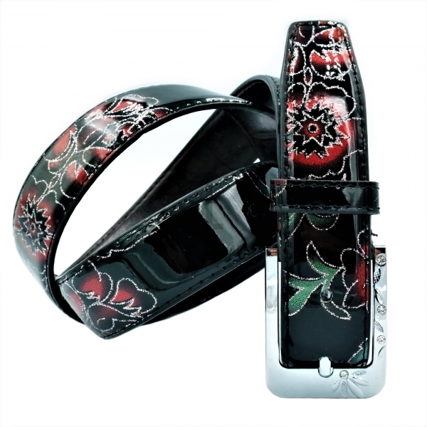 Жіночий ремінь квіти лак